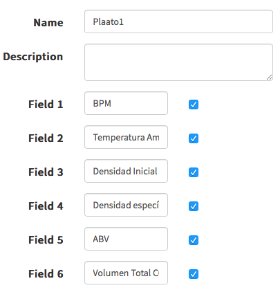 Campos creados en el canal ThingSpeak
