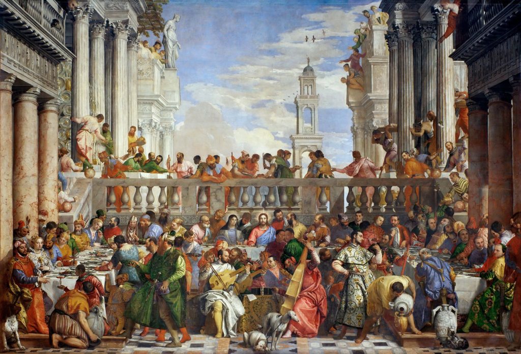 Las bodas de Caná. Paolo Veronese (1563). Milagro de la conversión de agua en vino.